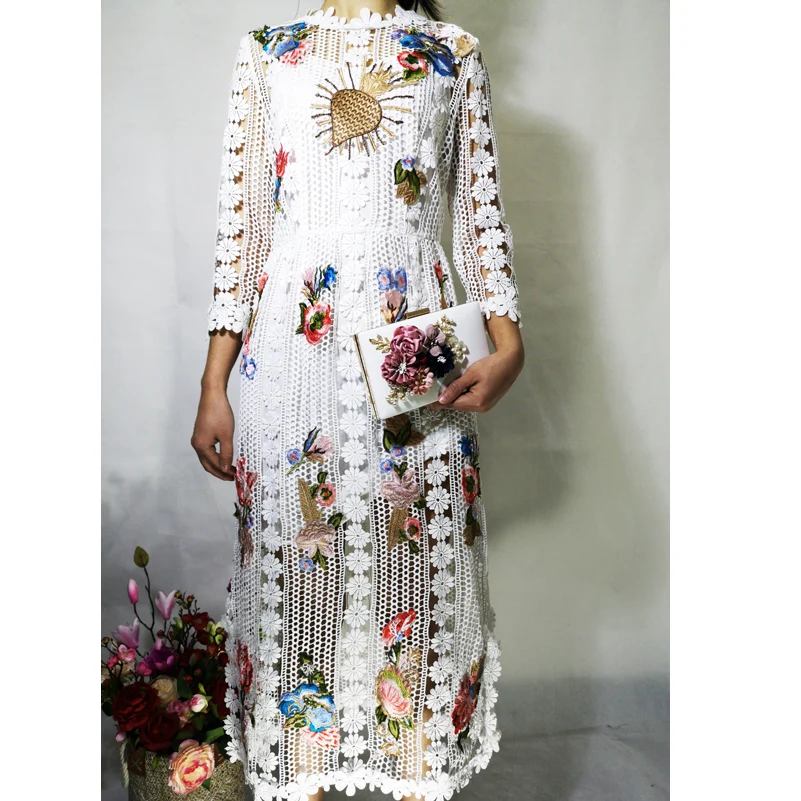

High quality designer Runway dress Women' 3/4 Sleeve Flower Applique Deluxe Embroidered Lace High Street Fashion Mid-Calf Dress