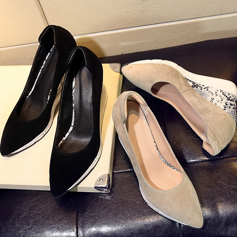 XGRAVITY Wedge Genuine Leather Lady High Heel Dress Wedges Snakeskin Heel Pointed Toe Woman High Heels Ladies Party Shoes A062