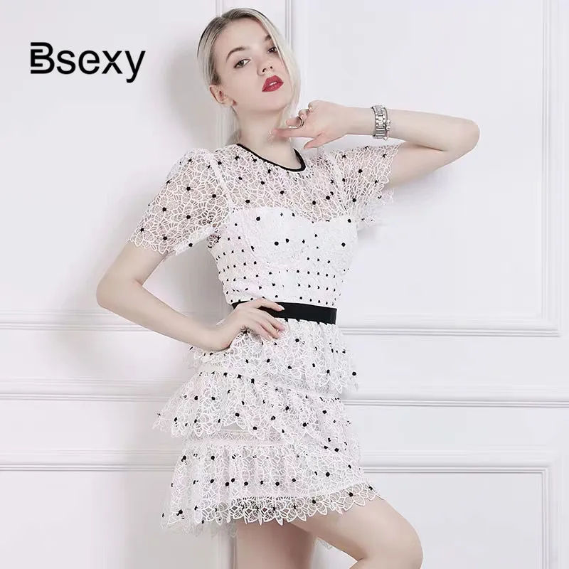 

High-end Quality White Dress For WOmen 2019 Cute See Though Short Sleeve Floral Lace Cake Polka Dot Party Dress vestido festa