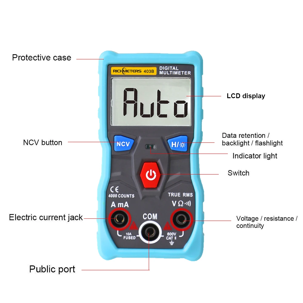 Автоматический цифровой мультиметр RICHMETERS RM403B, умный автоматический диапазон переменного/постоянного тока, напряжение, ток, Ом, портативный инструмент для тестирования с подсветкой