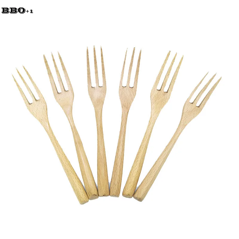 3/6/10Pcs Japan Handmade Handle Wooden Fruit Forks 3 Tooth Dessert