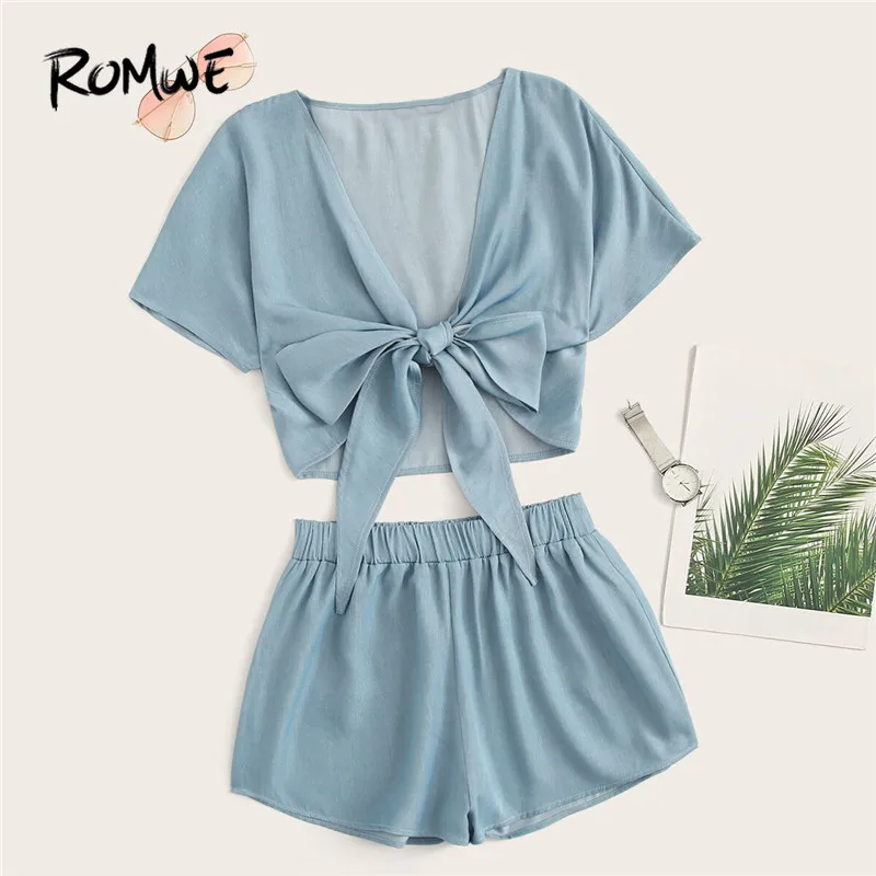 

ROMWE Blue Solid Tie Waist Solid Top and Elastic Waist Shorts Set Women Summer 2019 Deep V Neck Boho Two-Pieces Sets Co-ords