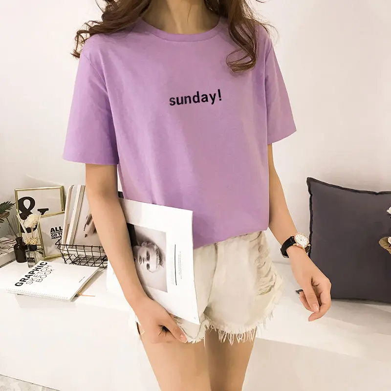 

Korea New 2019 Spring Summer tshirt BF Loose Purple Print College Short Sleeve T-shirts Female T Shirt Harajuku Women Top Tshirt