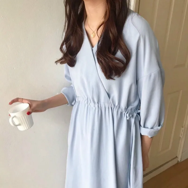 

Women Summer Long Sleeve Blue V Neck Long Dress Female Waist Drawstring Bodycon Vintage Maxi Vestidos Robe Femme Sukienki Jurken