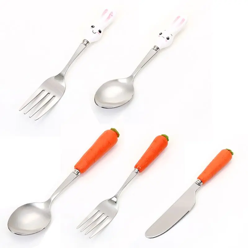 Cartoon Stainless Steel Kids Spoons Forks Knife Resin Handle Baby ...