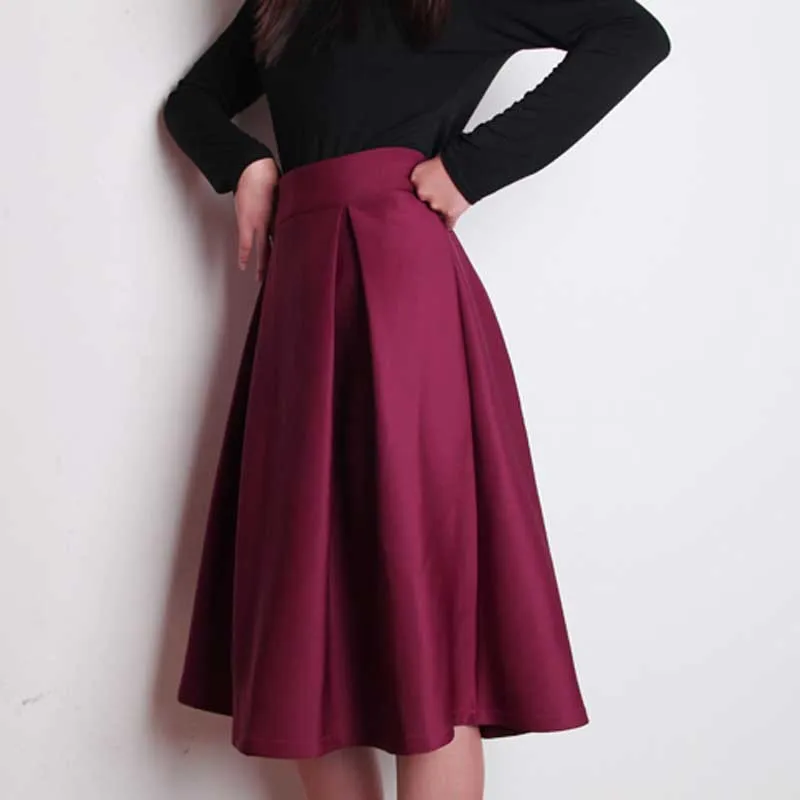 Plus Size Autumn Winter Flared Skirt Pleated Midi Skirt Retro Style ...