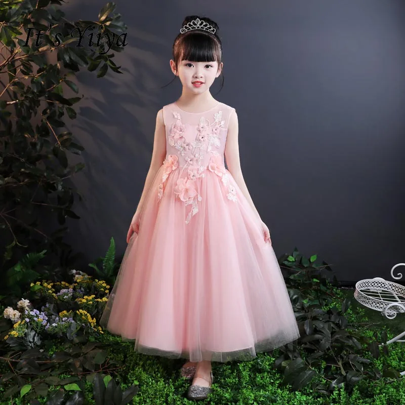Это yiiya Новый розовый без рукавов для девочек в цветочек платья нормальный платье для вечеринок для девочек принцесса лук кружева иллюзия