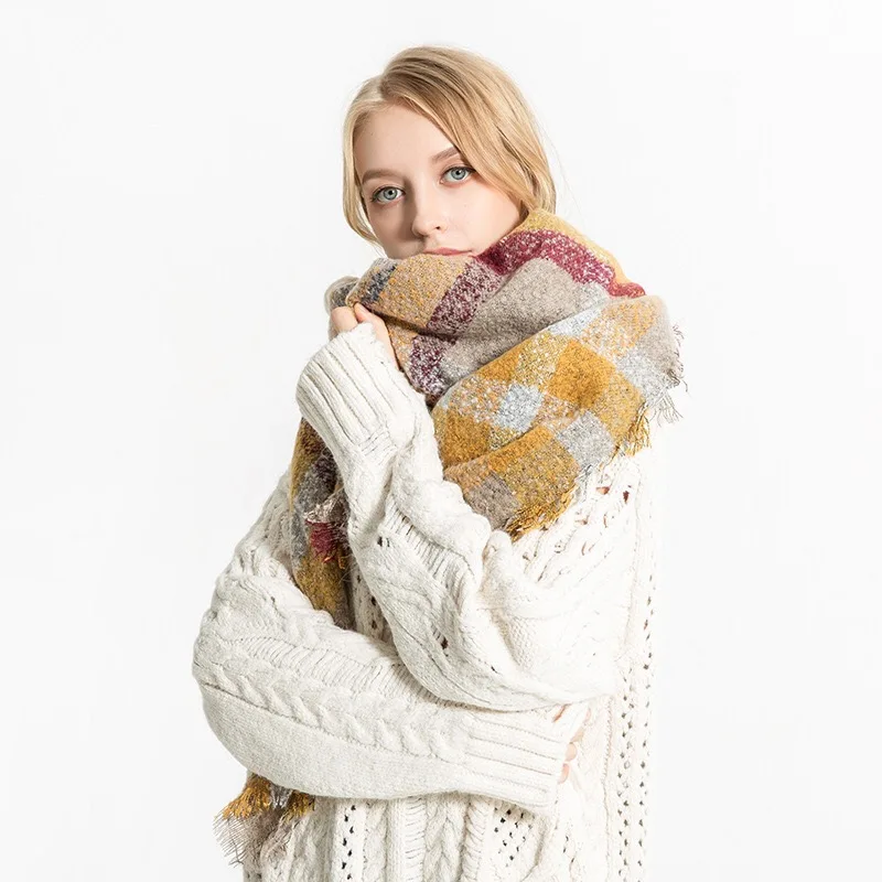 

Mingjiebihuo Autumn and winter new scarf mohair loop yarn mosaic square scarf ladies warm fashion women girls scarf