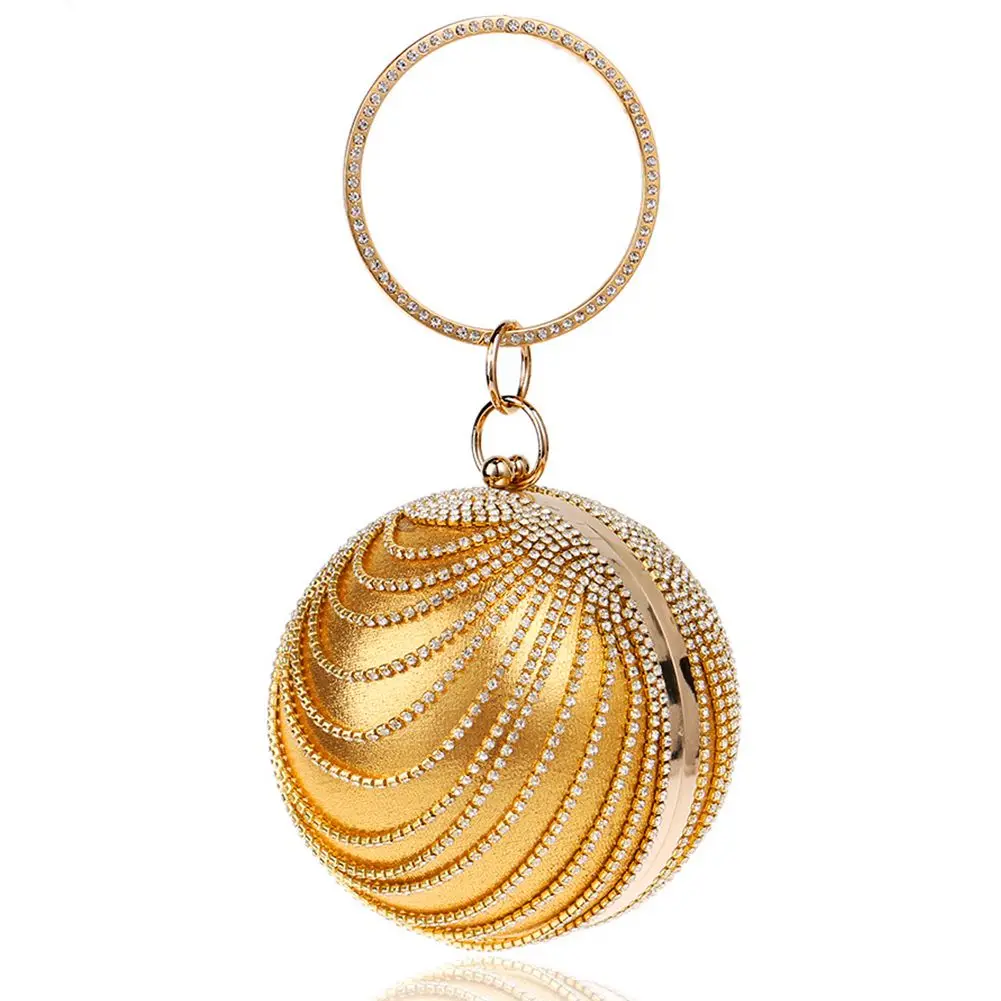 

DCOS Woman Round Ball Clutch Handbag Rhinestone Ring Handle Purse Evening Bag(Gold)