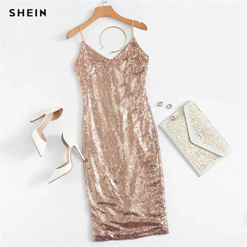 SHEIN Облегающее Платье С Блестками Женское Розовое Сексуальное На Бретелях