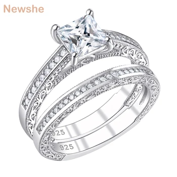 

Newshe 2 Pcs Wedding Rings For Women Vintage Jewelry 925 Sterling Silver Princess Cut AAA CZ Engagement Ring Bridal Set BR0614