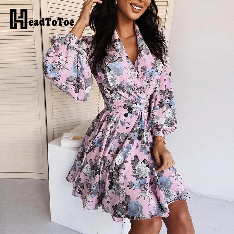

Lantern Sleeve V-Neck Wrap Floral Dress