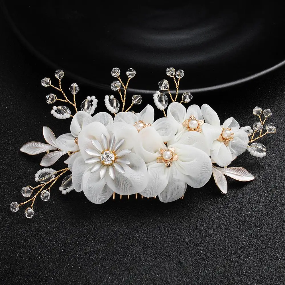 

Trendy White Flower Hair Comb Ladies Prom Bridal Wedding Hair Accessories Silver Leaves Women Pearls Bride Jewelry