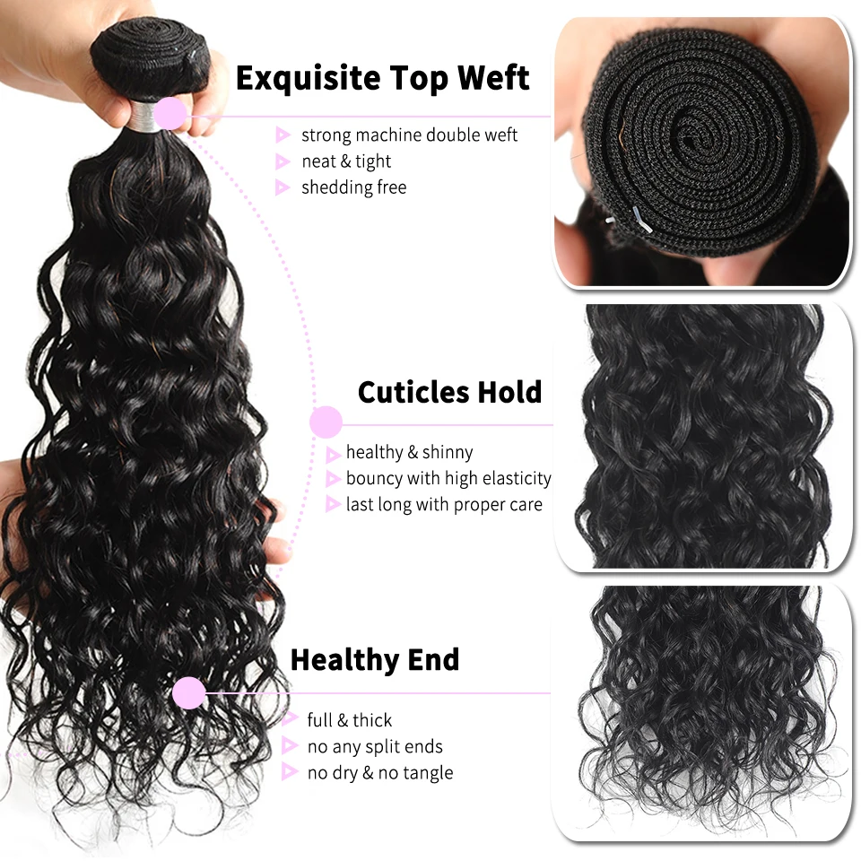 Pinshair Human Hair Weave Bundles Natural Black Water Wave Hair Extensions 1/3/4 Pieces Non-Remy Indian Hair Bundles