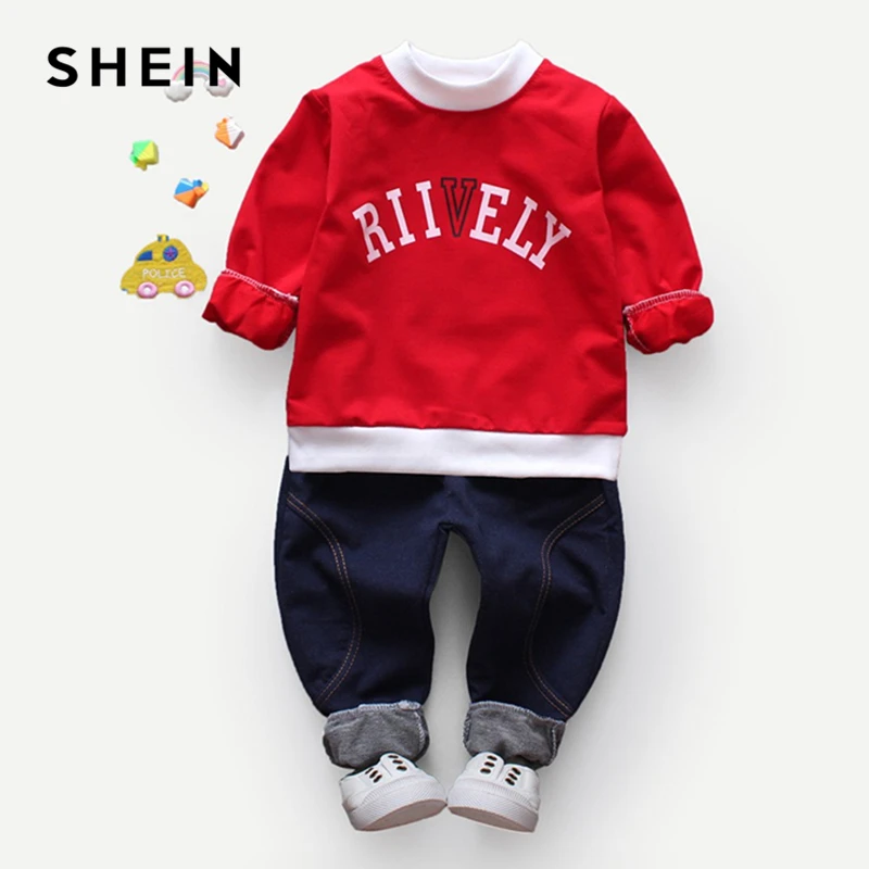 SHEIN Kiddie Letter Print Sweatshirt With Denim Pants Boys Two Piece
