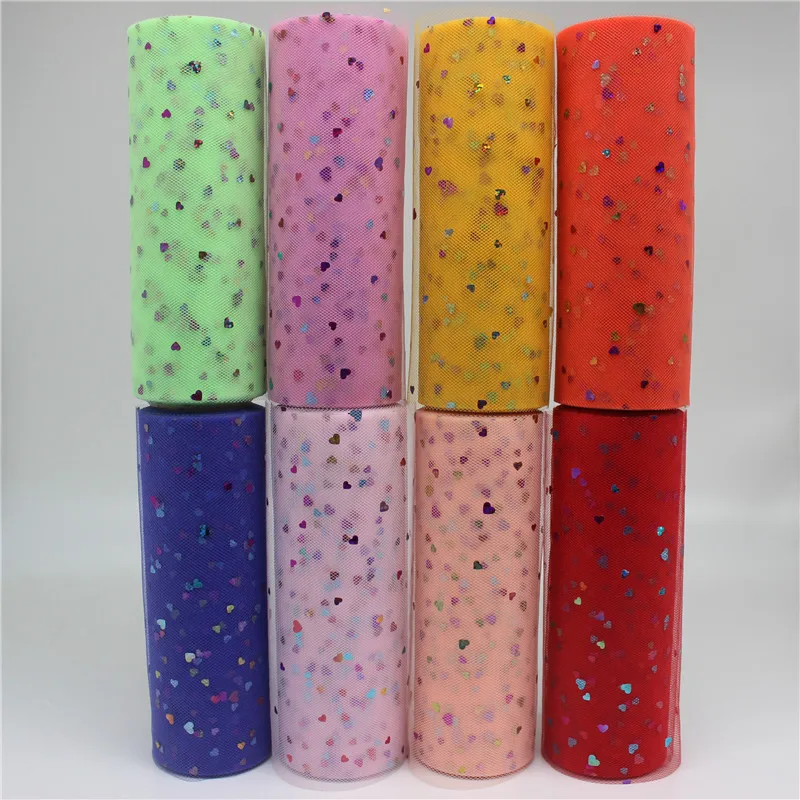 Блестящая Лазерная пачка с сердечками 10 ярдов 15 см|sequin tulle roll|sequin tulletulle rolls |