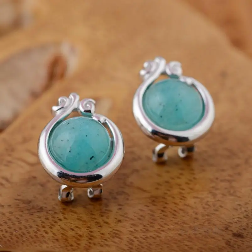 

Sterling Silver Manual Mosaic Amazonite Stud Earrings Earrings Ear Clip Round Pure And Fresh And Sweet And Lovely Girl