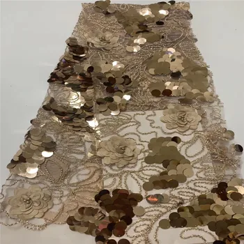 

2019 Latest French 3D Tulle Beaded African Lace Fabric Gold Color Sequins Embroidered Nigerian Lace Fabrics For Wowen Dress