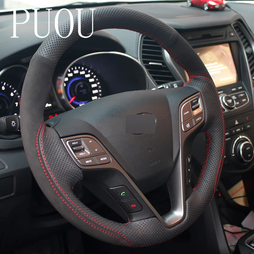

Puou Black Genuine Leather Suede Hand-stitched Car Steering Wheel Cover for Hyundai Santa Fe 2013 2014 2015 Hyunda Free shipping