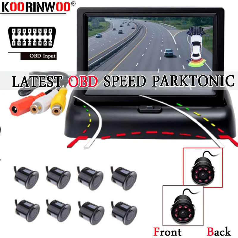 

Koorinwoo Car Parking Sensors Parktronic OBD Speed Control Front 4 probes Camera Dynamic Moving Screen Folding Rear view camera