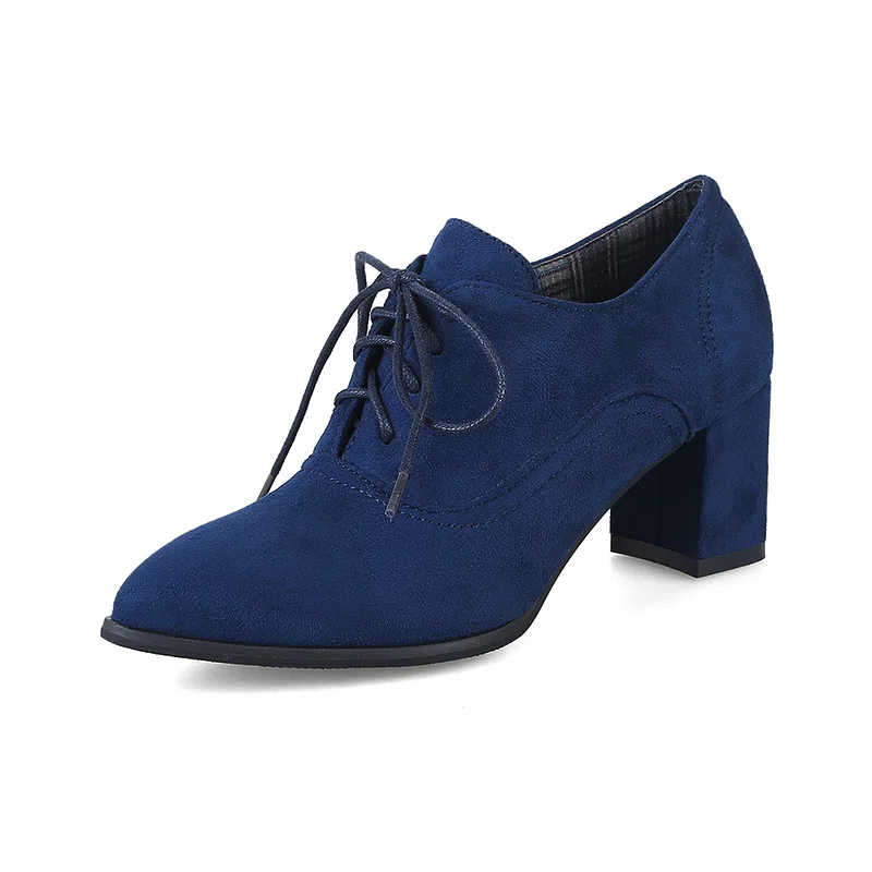 Phoentin/Женская обувь на шнуровке Обувь из флока на высоком квадратном каблуке 6 см коричневого и синего цвета женские демисезонные туфли-лодочки с хлопковой подкладкой на каблуке FT160 - Цвет: Синий