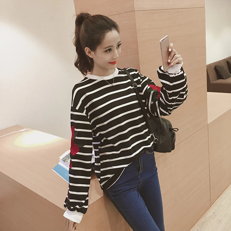 Roses Embroidery Lantern Sleeve Loose Striped Women Sweatshirt (23)