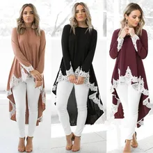 Tumblr/распродажа хлопковой ткани из полиэстера и хлопка с единорогом,, Осенняя футболка с длинными рукавами и асимметричным кружевом для женщин