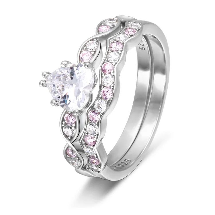 925 Stamped Sterling Silver Ring set For Women 2 PCS Bijoux Clear Heart Crystal Rings Silver 925 Jewelry Romantic Wedding