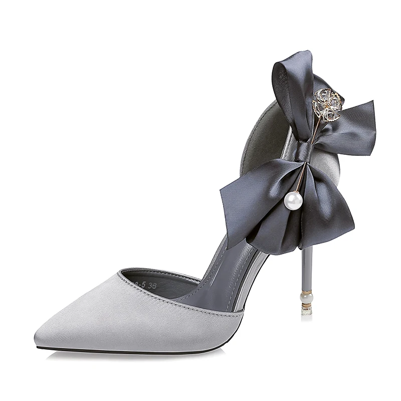 

2018 Summer New European And American Pointed Satin High Heels Bow Sexy Pearl Sandals Stiletto Shallow Mouth Wedding Shoes