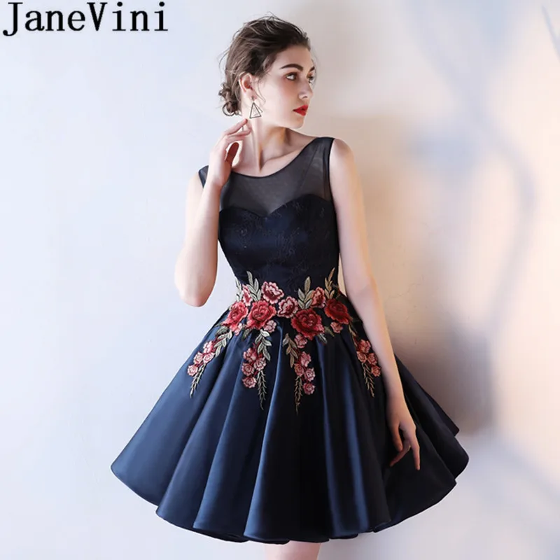 

JaneVini Sukienki Druhna Navy Blue Women Wedding Party Dress Short Homecoming Dress With Lace Applique Bridesmaid Dresses Satin