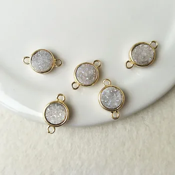 

10pcs Gold color round Agat e Druzy Geode Pendant Charms Connector Double Bail DIY Making Bracelet necklace Jewelry CT87