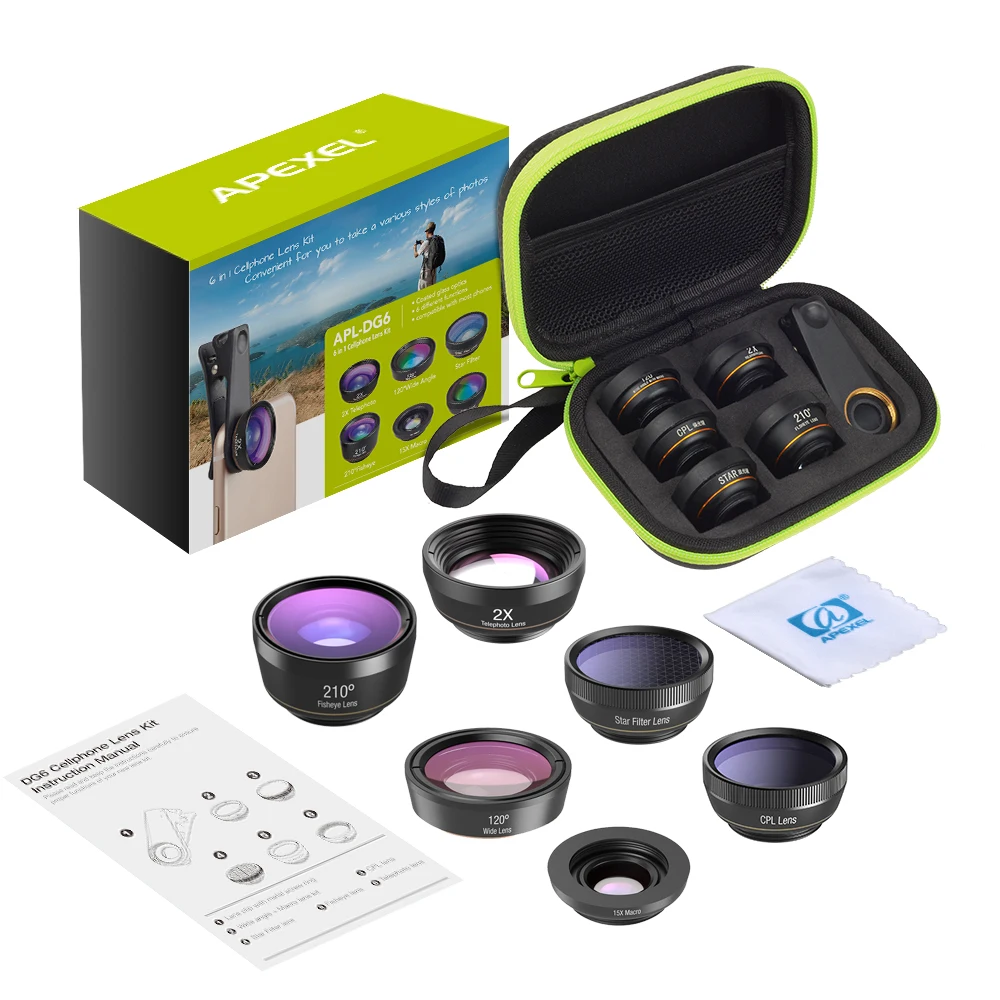

APEXEL Universal 6 in 1 Phone Camera Lens Fish Eye Lens Wide Angle macro Lens CPL/Star Filter 2X tele for iphone Samsung HTC LG