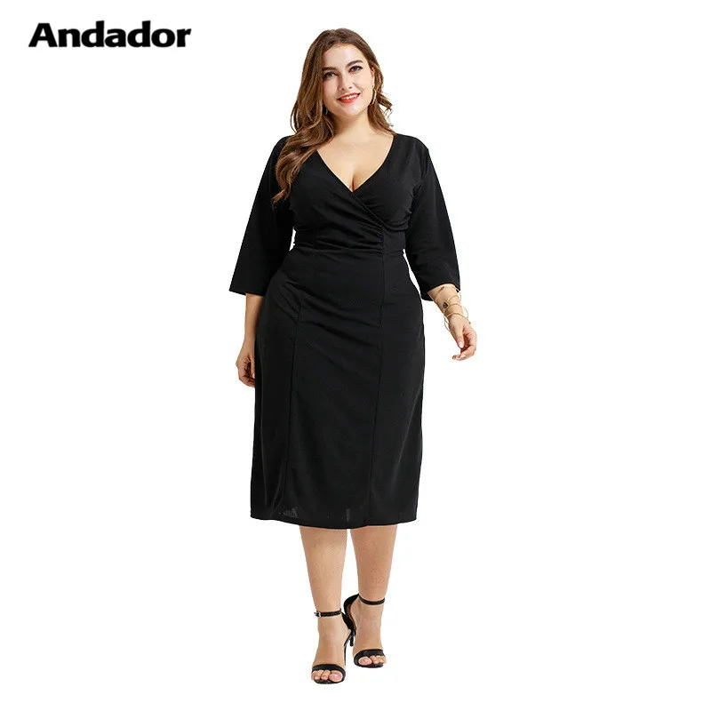 

Andador Plus Size OL Commuter Fashion Dress 2019 New V Neck Elegant Solid Color Spring Dress Office Lady Three Quater Sleeve
