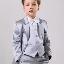 Милые детские костюмы серебристого цвета, Custome Homme, Модный комплект одежды для детей, деловой классический блейзер с цветами для мальчиков(пиджак+ штаны+ галстук-бабочка+ жилет