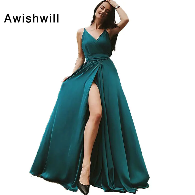 

Elegant Long Prom Dress V-neck A Line Sleeveless Floor Length Front High Slit Sexy Evening Party Gown Prom Gowns Customize