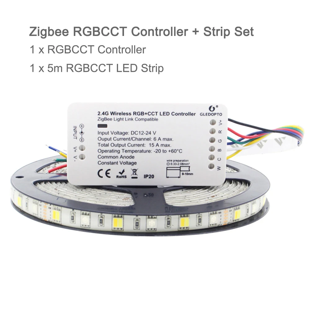 Светодиодный светильник Zigbee, 5 м, 12 В, RGBCCT, 5050, Zigbee ZLL Link, домашняя умная Светодиодная лента, водонепроницаемая, RGB, двойная, белая, для работы с Alexa Echo - Испускаемый цвет: Controller and Strip