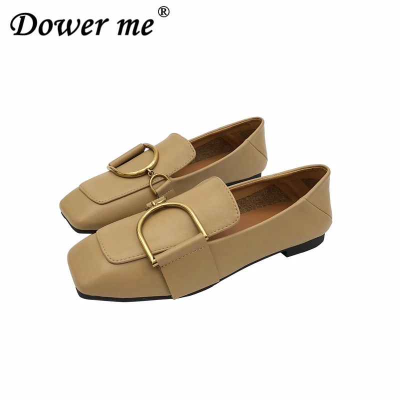 

Spring 2019 New Metal D-buttoned Square Head Flat-soled Single Shoes Square Heels Women's Shoes Star Same style Doug shoes