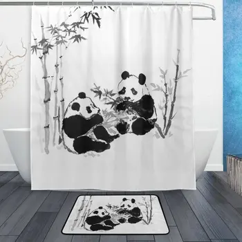 

Panda Bamboo Shower Curtain and Mat Set, Chinese Painting Art Waterproof Fabric Bathroom Curtain