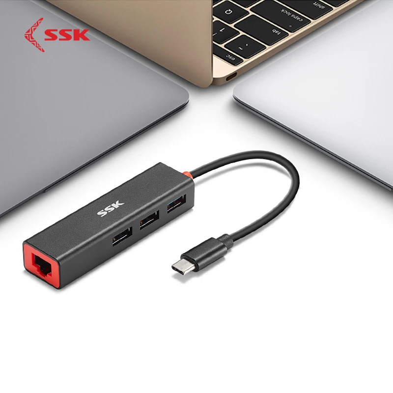 

SSK SHU-C535 Type C Usb Hub USB C Usb Adapter Docking Station Aluminum Type-c to Ethernet(100M)+3 USB 3.0 Interface