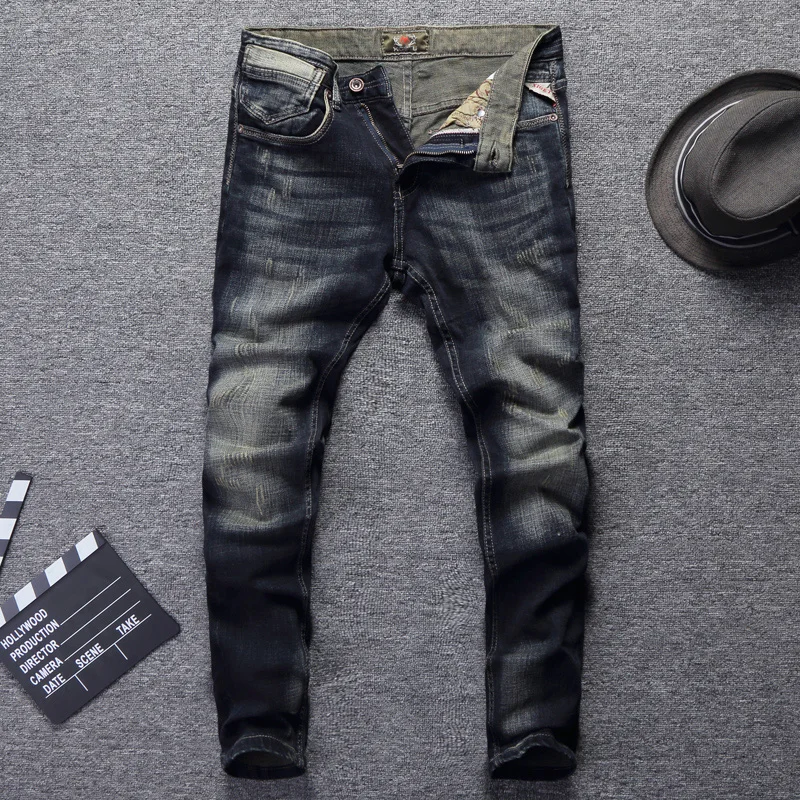 Джинсы мужские в винтажном стиле модные классические рваные джинсы Slim Fit уличная