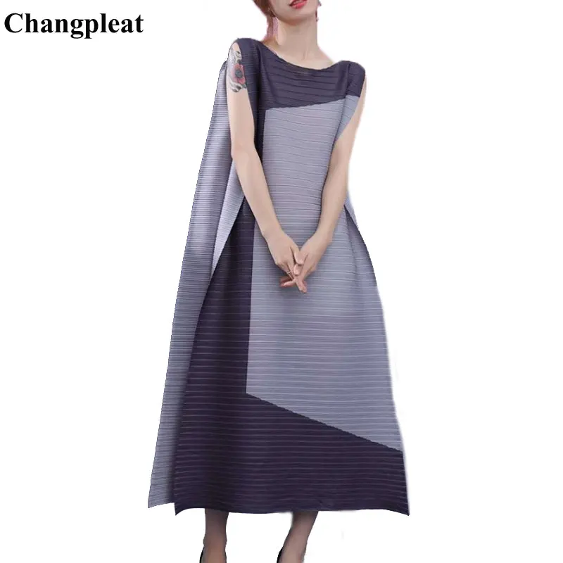 Changpleat, свободное женское платье, Miyak, плиссированное, модный дизайн, без рукавов, с вырезом лодочкой, большой размер, женские трапециевидные длинные платья, D9008