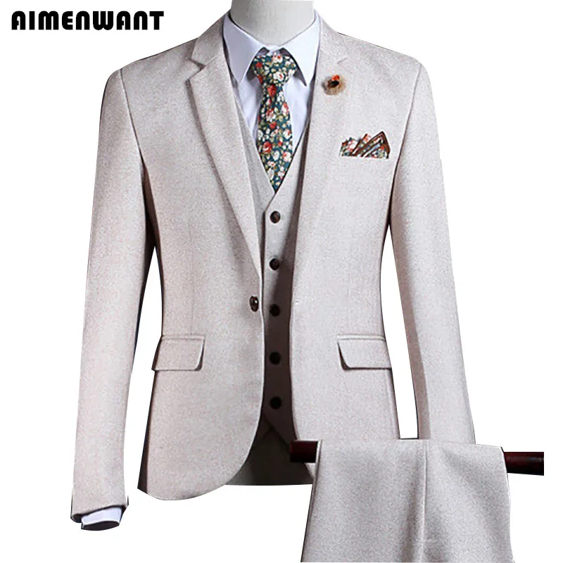 AIMENWANT Tailored Cream Blazer Europe Mens Beige Suit 3 Piece Top