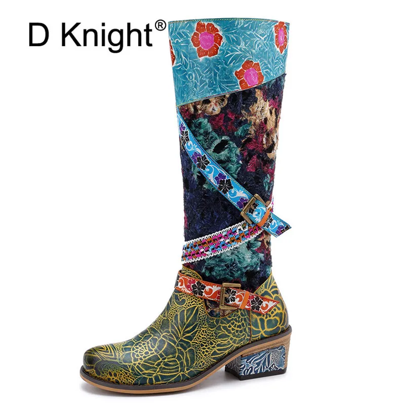 

Fashion Knee High Boots Women Genuine Leather Printed Flower Winter Boots Women Shoes Buckle Zip Block High Heels Botas Big Size