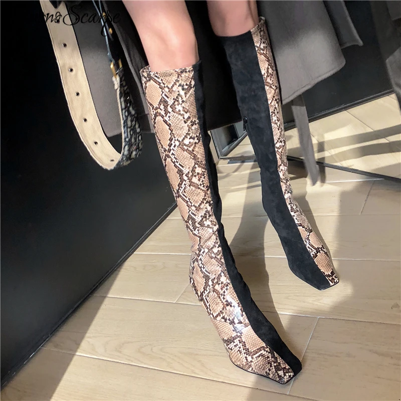 Buono Scarpe/женские ботфорты выше колена; высокие сапоги из змеиной кожи с квадратным носком на высоком каблуке в стиле пэчворк; bottine femme