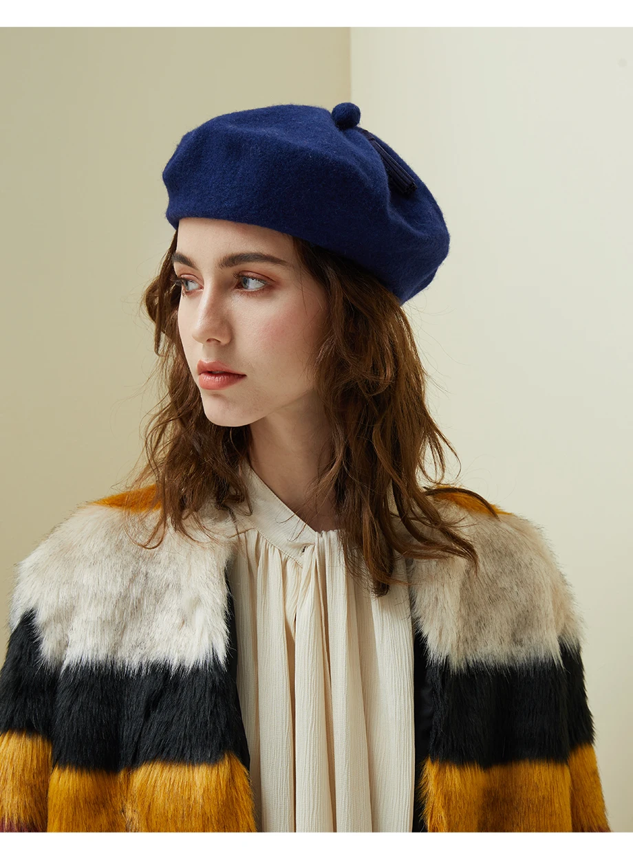 Women Knit Beret 100% Pure Wool Winter Warm Hat Female British Style Lady Painter Bonnet Hats Solid Color Beanie High Quality  (7)