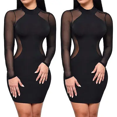 

Women Large Size Sexy Night Club Dress Patchwork Lace Full Sleeve Dress One-piece Skinny Mini Dress Slim Wear