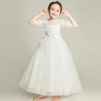 

2019New Children Girls Half Sleeves Solid White Color Appliques Flowers Birthday Wedding Party Lace Dress Kids Teens Piano Dress