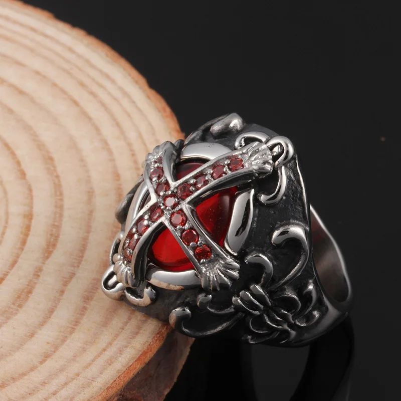 Top Quality Cross Red Gem Stainless Steel Gothic Biker Ring For Men's
