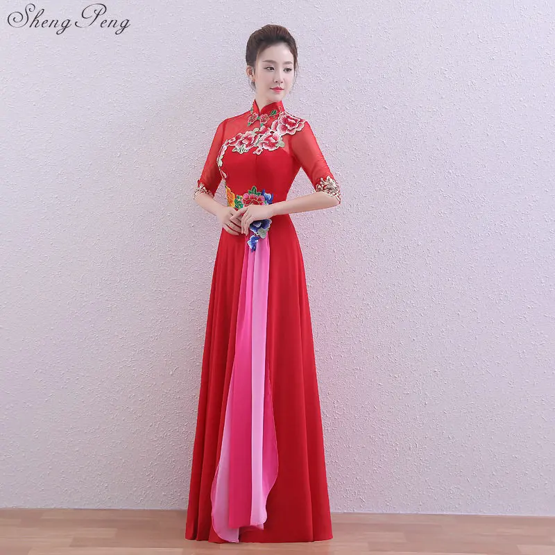 Невесты Винтаж Cheongsam Длинные Национальный китайское платье Красный Ци Пао Для женщин вышивать традиционные вечернее платье Qipao V931