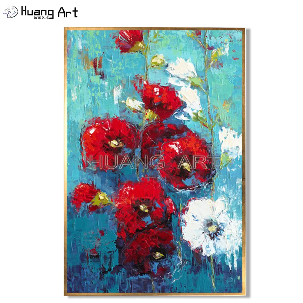 

Handmade Decorative Painting Art Red flower oil painting on canvas for Bedroom Decor Modern Impression Flower Knife Painting